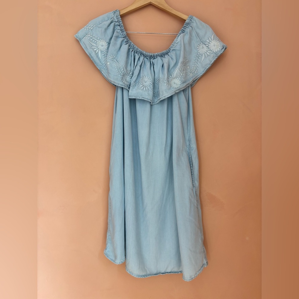 BeachLunchLounge Women's Blue Off Shoulder Dress Size L Embroidered Boho Beachy